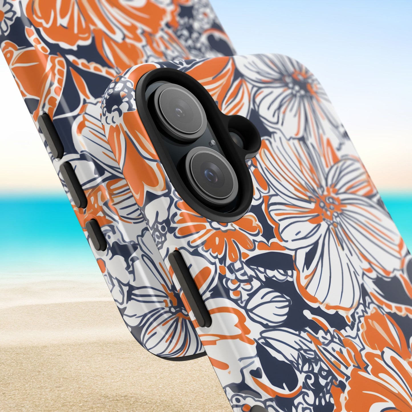Floral patterned Charlottesville Tough Case for iPhone with a beach background