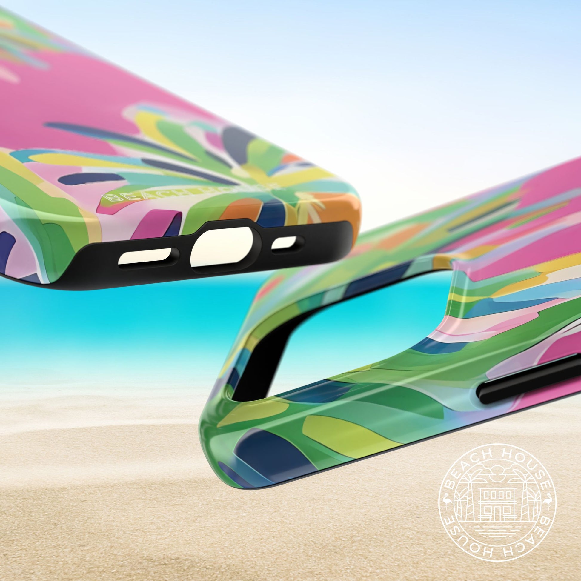 Top and bottom views of the Boca Tough case for iPhone with abstract design on a beach background