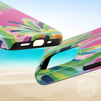 Top and bottom views of the Boca Tough case for iPhone with abstract design on a beach background