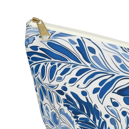 Zipper pouch with blue and white leaf pattern on a white background