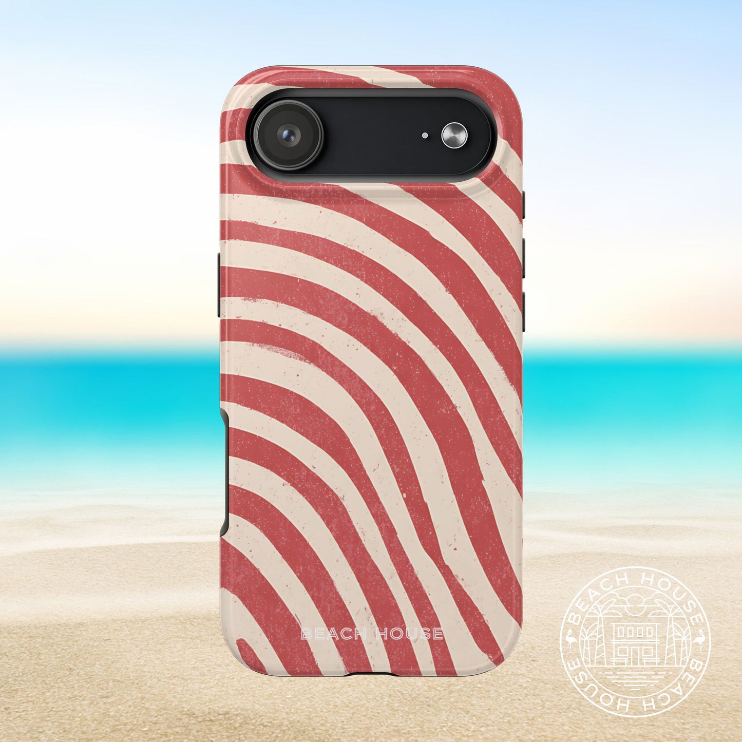 Kure Beach Tough Case for iPhone for iPhone 17 Air with red and white striped pattern on a beach background