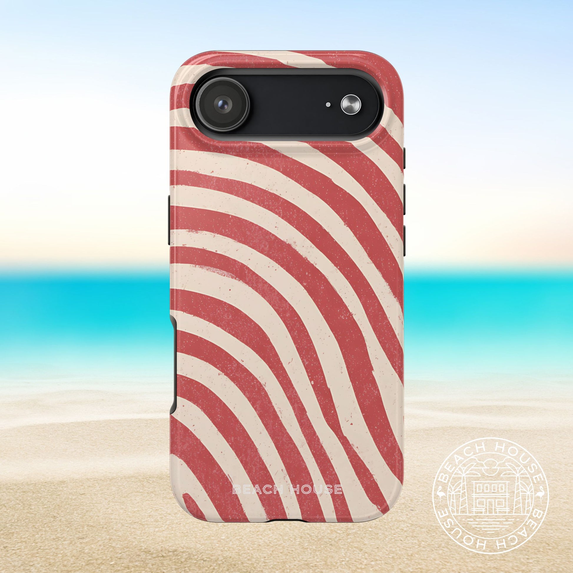 Kure Beach Tough Case for iPhone for iPhone 17 Air with red and white striped pattern on a beach background