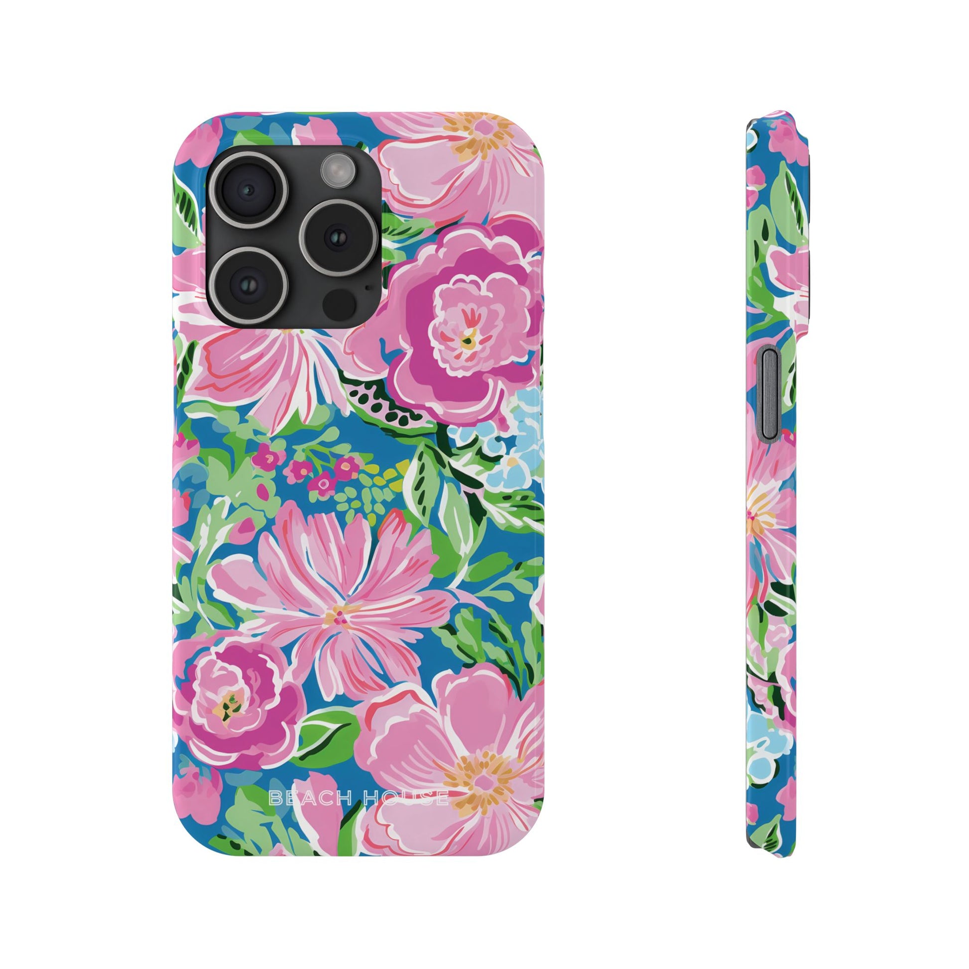 Front and side view of the Madeira Slim Case for iPhone with pink and green flowers on a white background