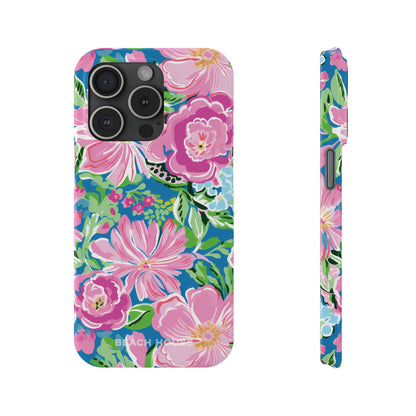 Front and side view of the Madeira Slim Case for iPhone with pink and green flowers on a white background