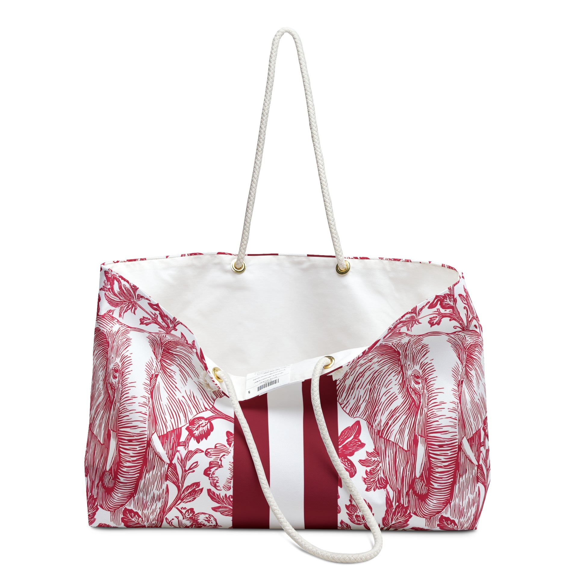 Tuscaloosa Weekender Tote Bag, slightly opened to review cream interior lining and exterior has red and white elephant pattern on a white background
