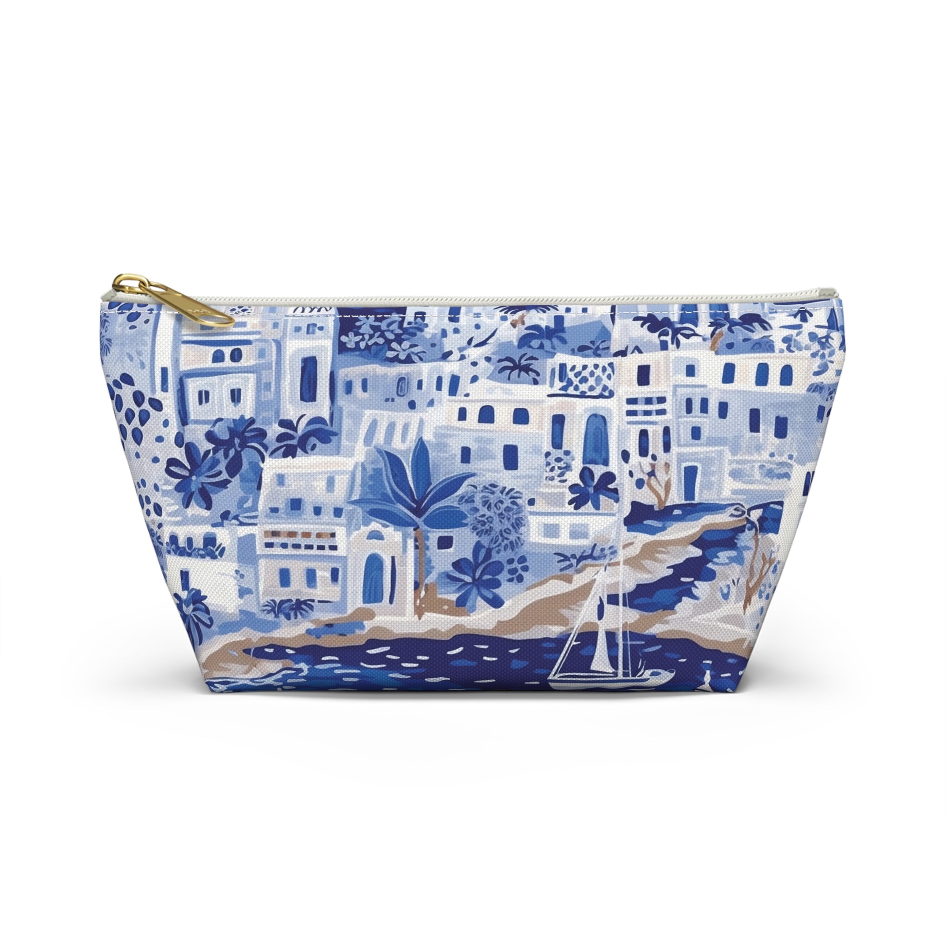 Blue and white patterned pouch with a scenic design on a white background