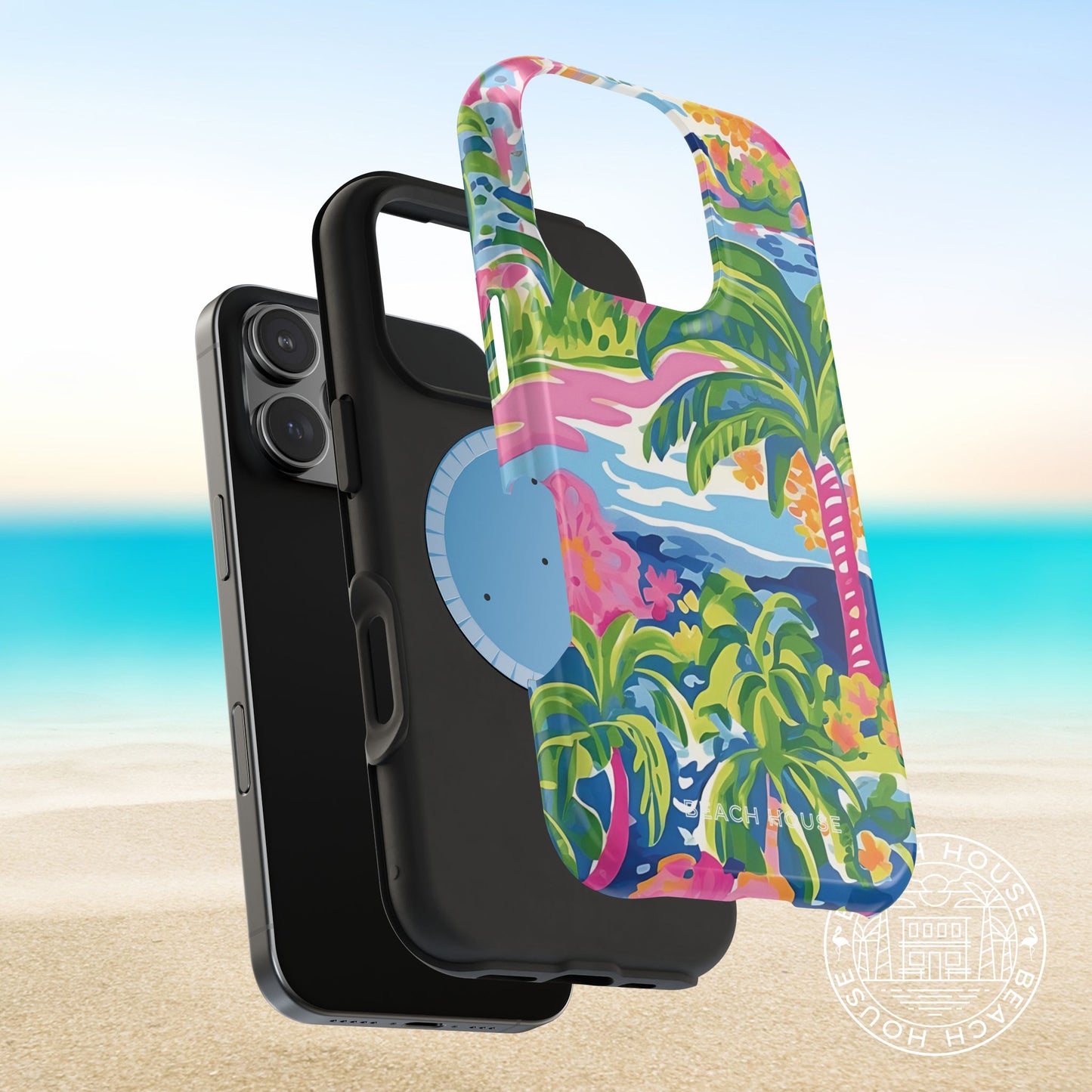 Layers of the Kiawah MagSafe Tough Case for iPhone with colorful palm tree design on a beach background