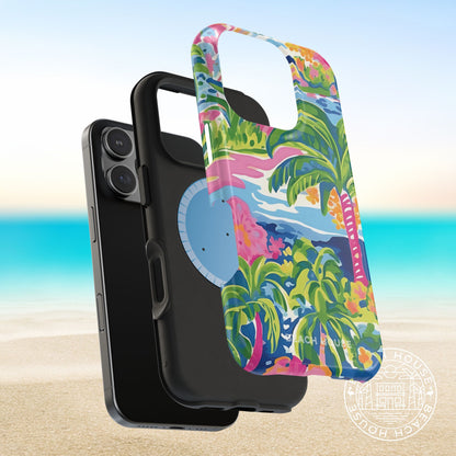 Layers of the Kiawah MagSafe Tough Case for iPhone with colorful palm tree design on a beach background