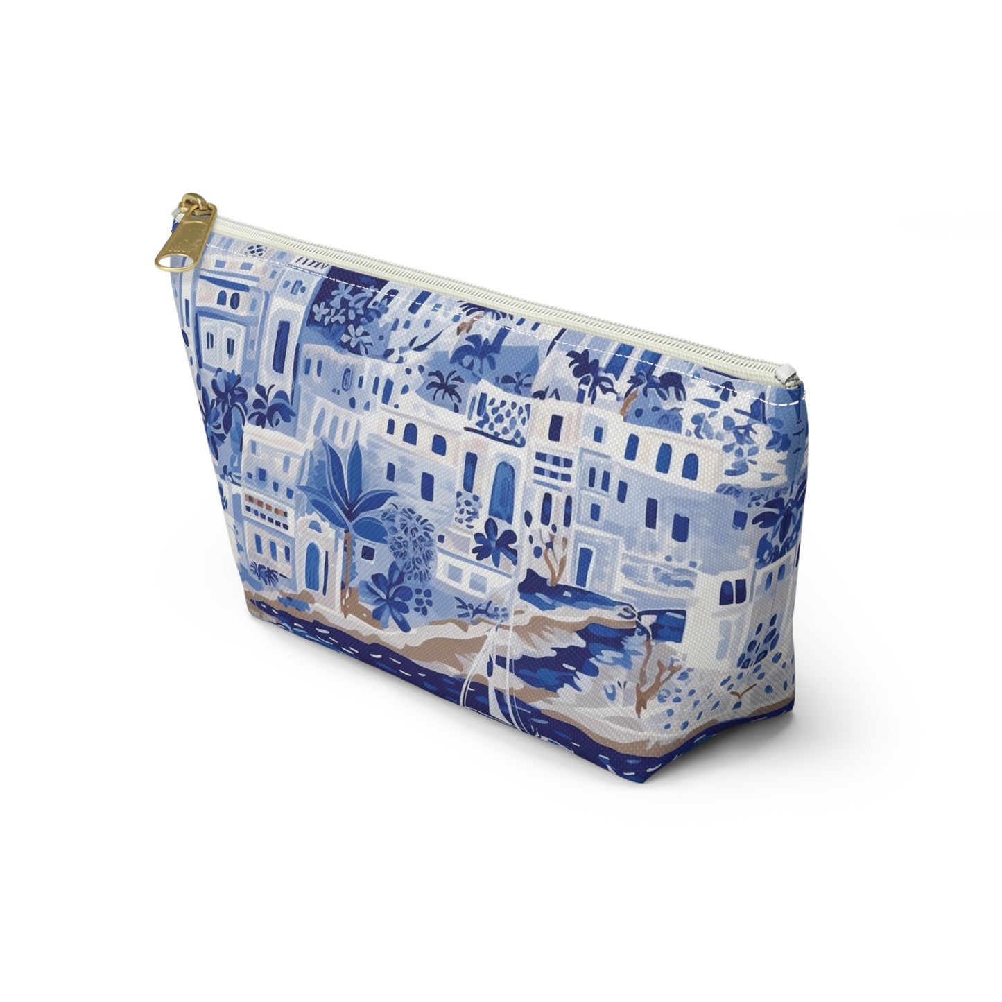 Blue and white patterned pouch on a white background
