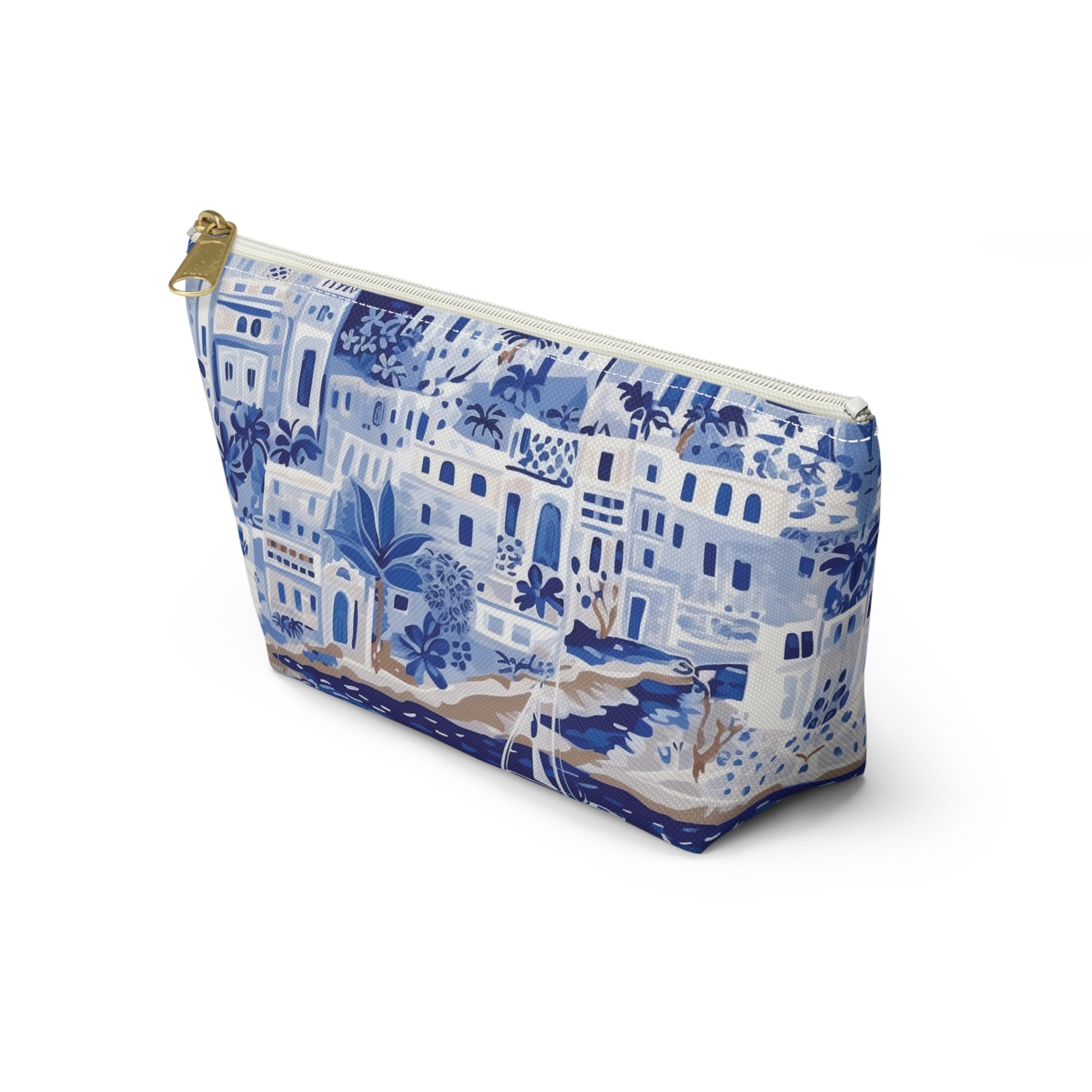 Blue and white patterned pouch on a white background