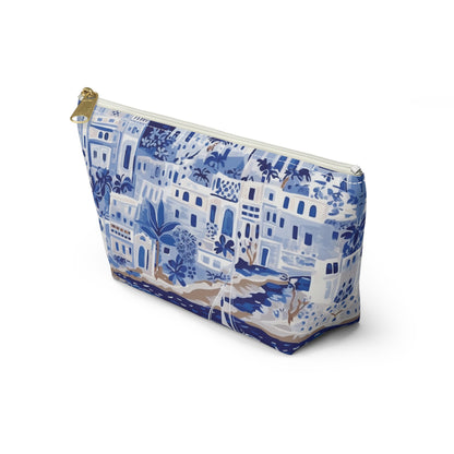 Blue and white patterned pouch on a white background