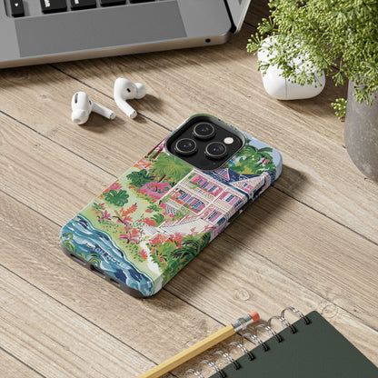 Charleston Tough Case for iPhone with colorful design on a wooden surface with laptop, earbuds, and notebook.