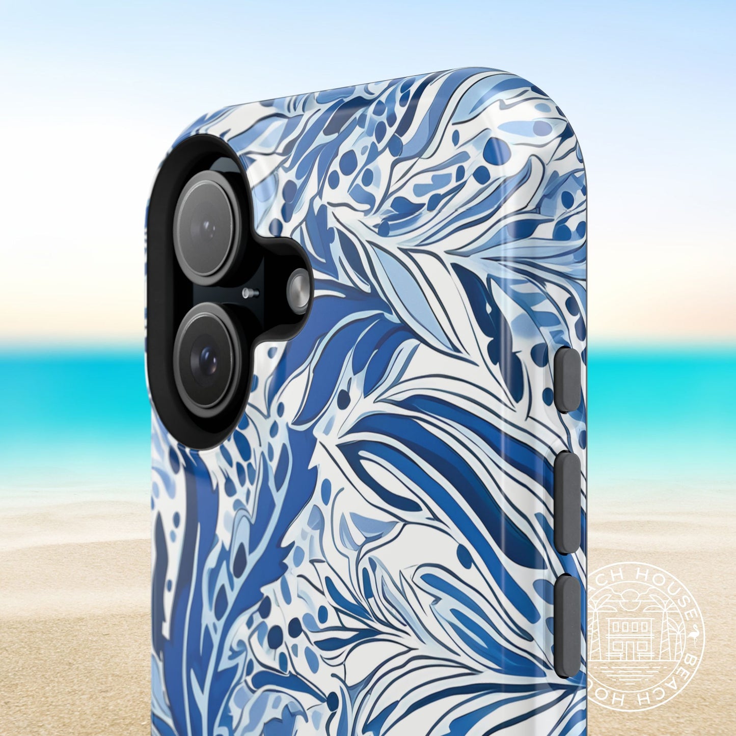 Nags Head MagSafe Tough Case for iPhone with blue and white floral design on a beach background