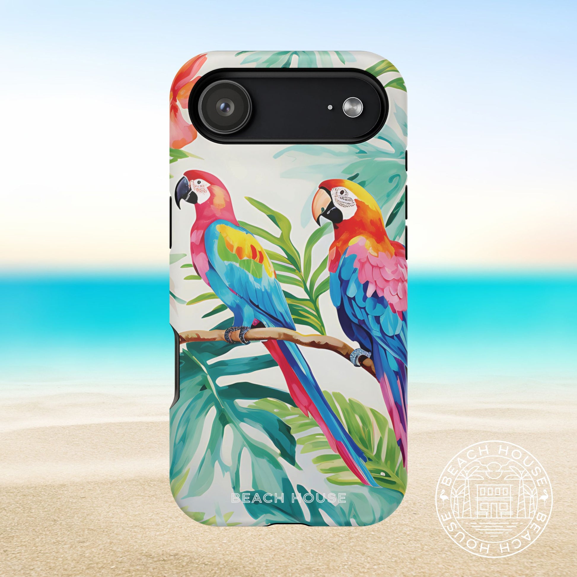 Copacabana MagSafe Tough Case for iPhone 17 Air with parrot design on a beach background