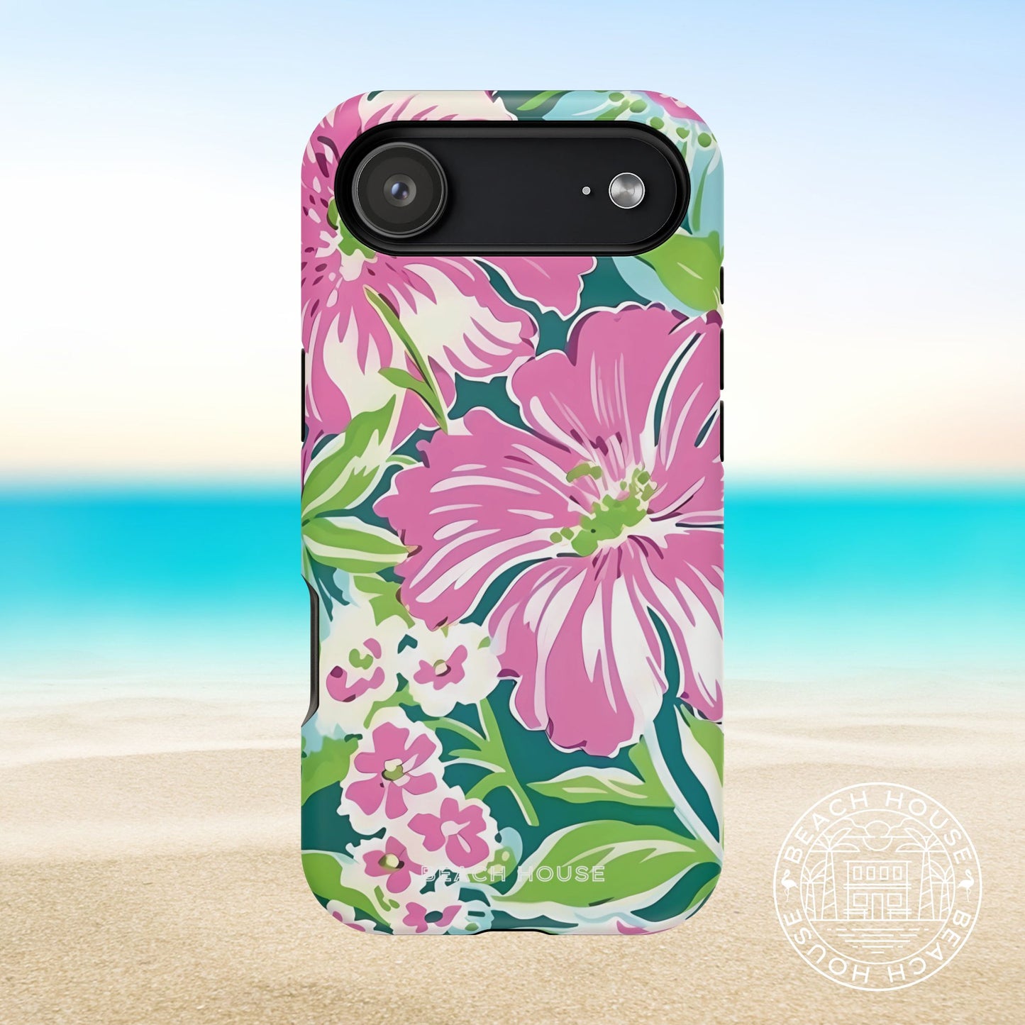 Seaside MagSafe Tough Case for iPhone 17 Air with pink flowers on a beach background