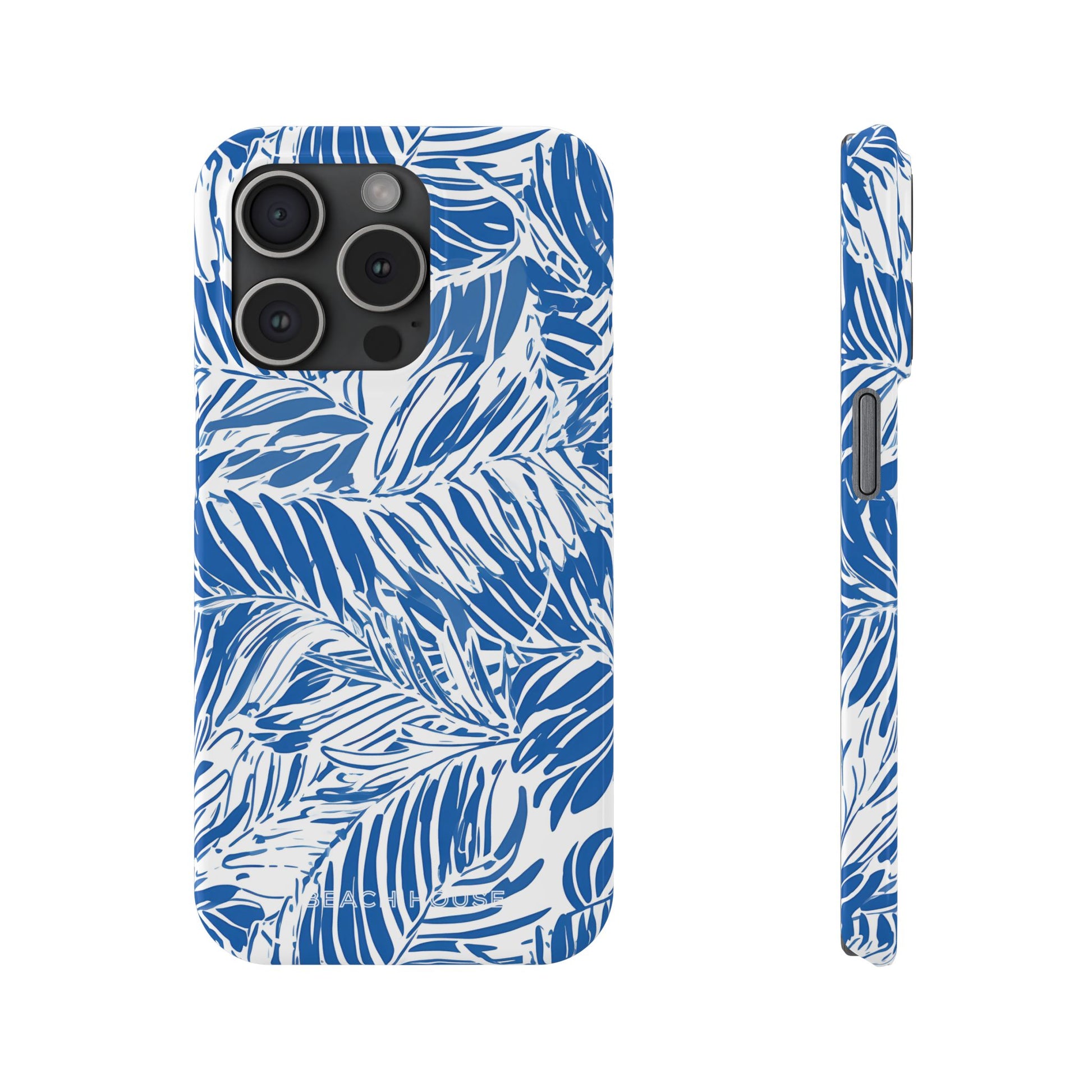 Front and side view of Hampton Slim Case for iPhone with blue and white leaf pattern on a white background