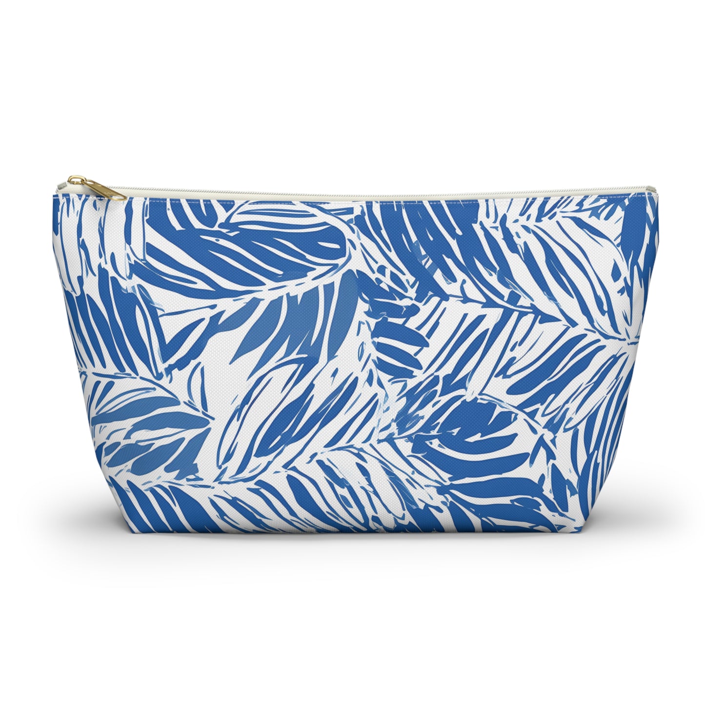 Blue and white patterned pouch on a white background