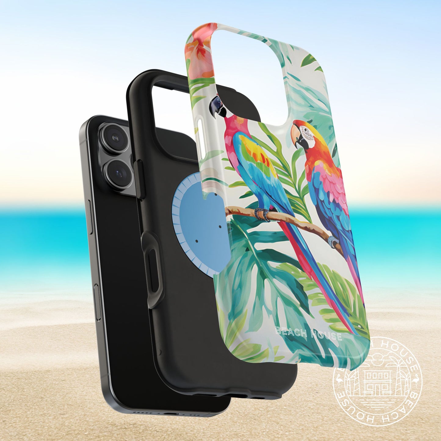 Layers of the Copacabana MagSafe Tough Case for iPhone with tropical parrot design on a beach background