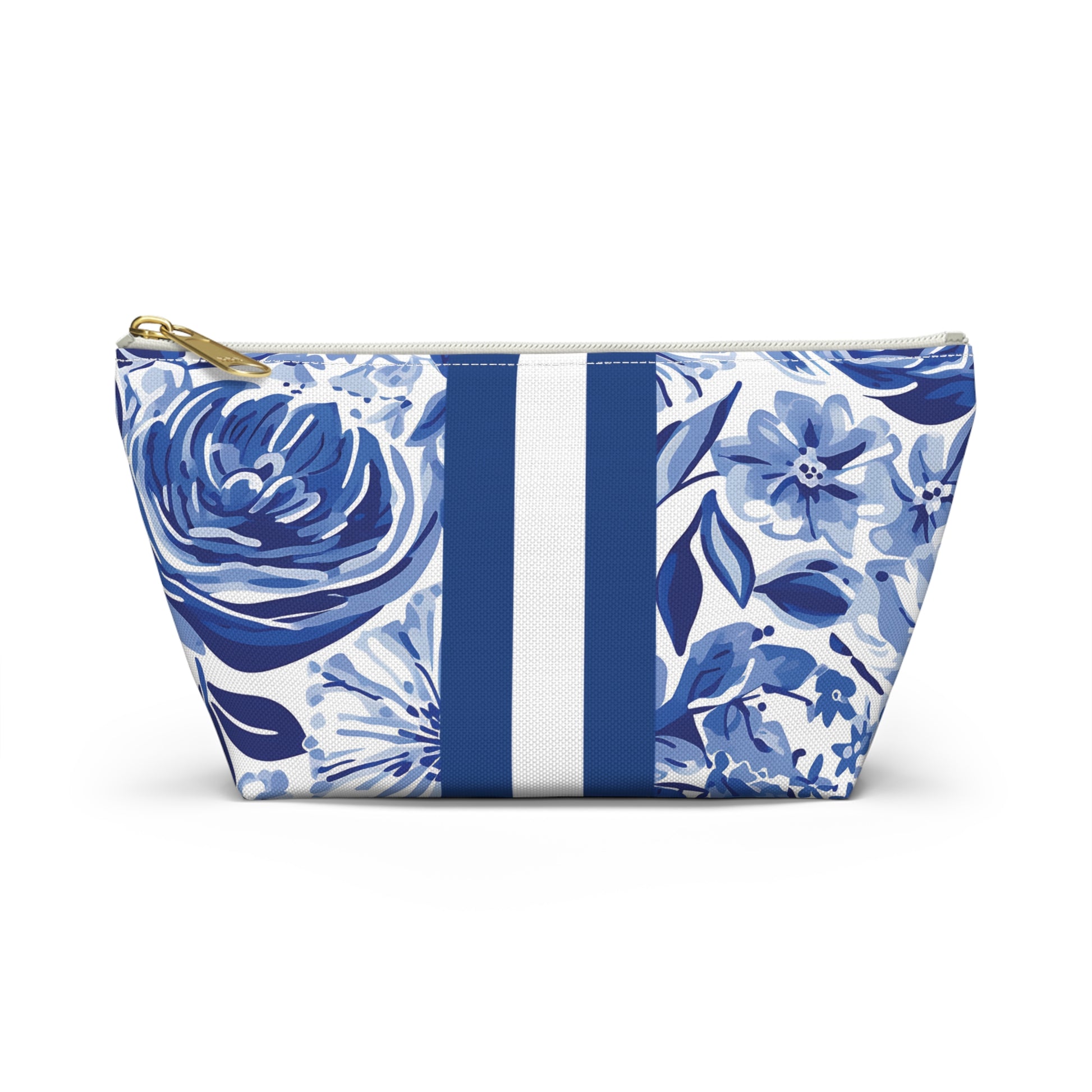 Floral and striped pouch on a white background