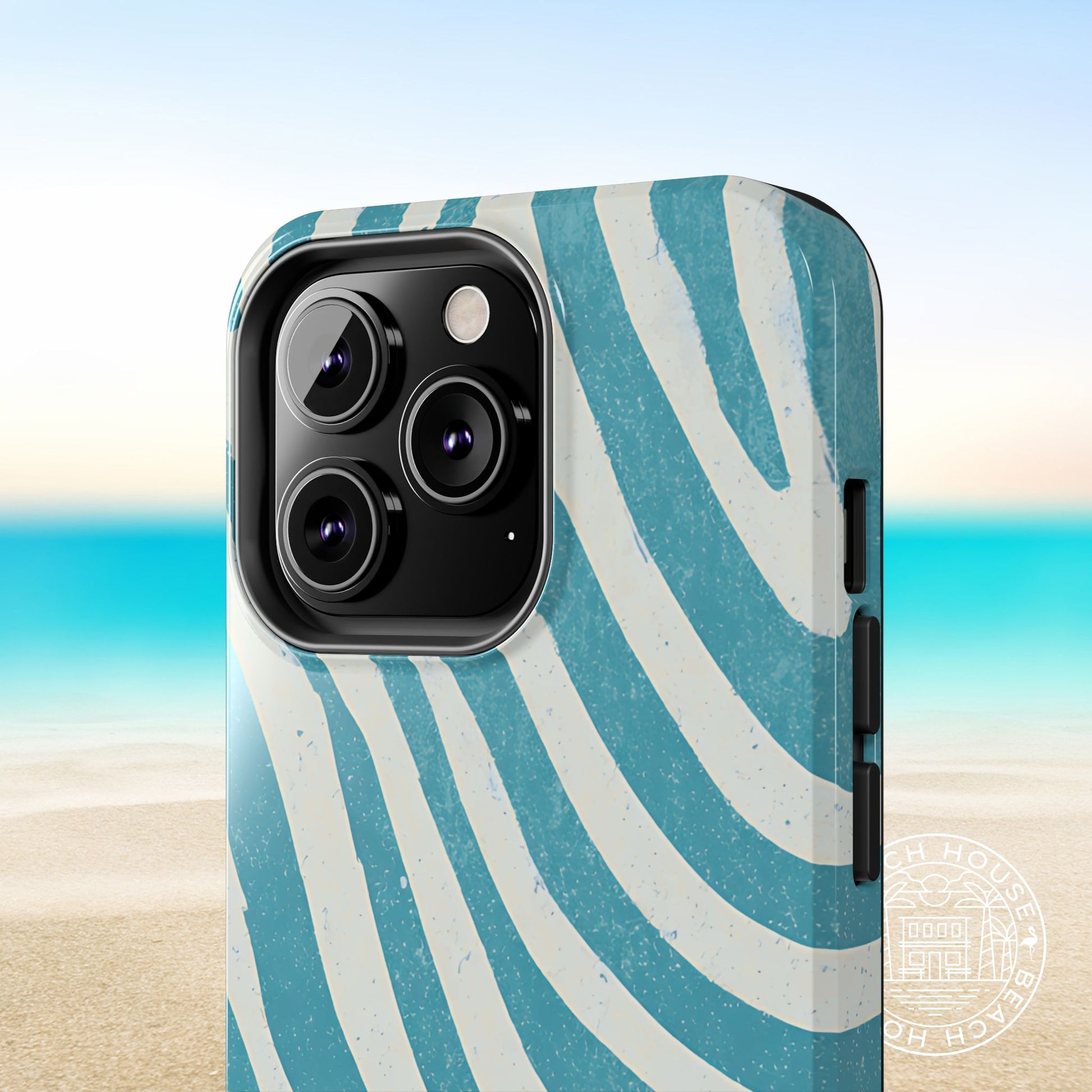 Holmes Beach Tough Case for iPhone with blue and white wavy pattern on a beach background