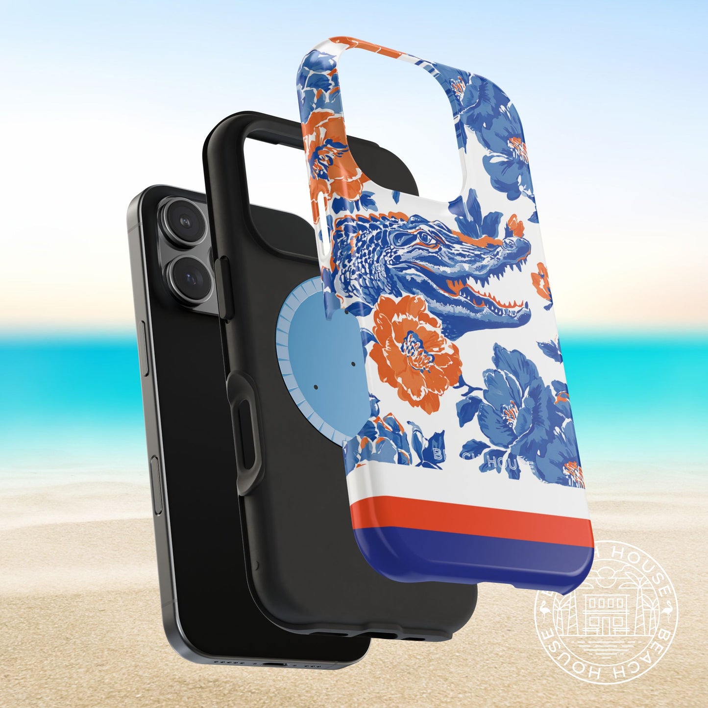 Layers of the Gainesville MagSafe Tough Case for iPhonewith floral and alligator design on a beach background