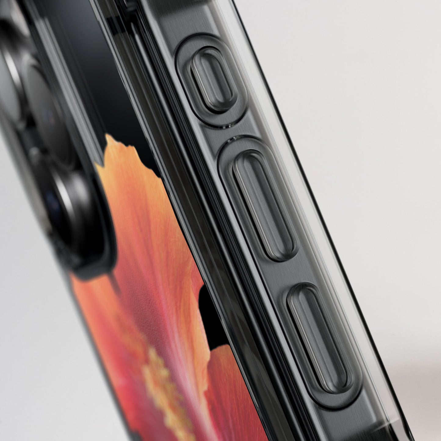 Close-up of a phone case with a colorful screen on a light gray background