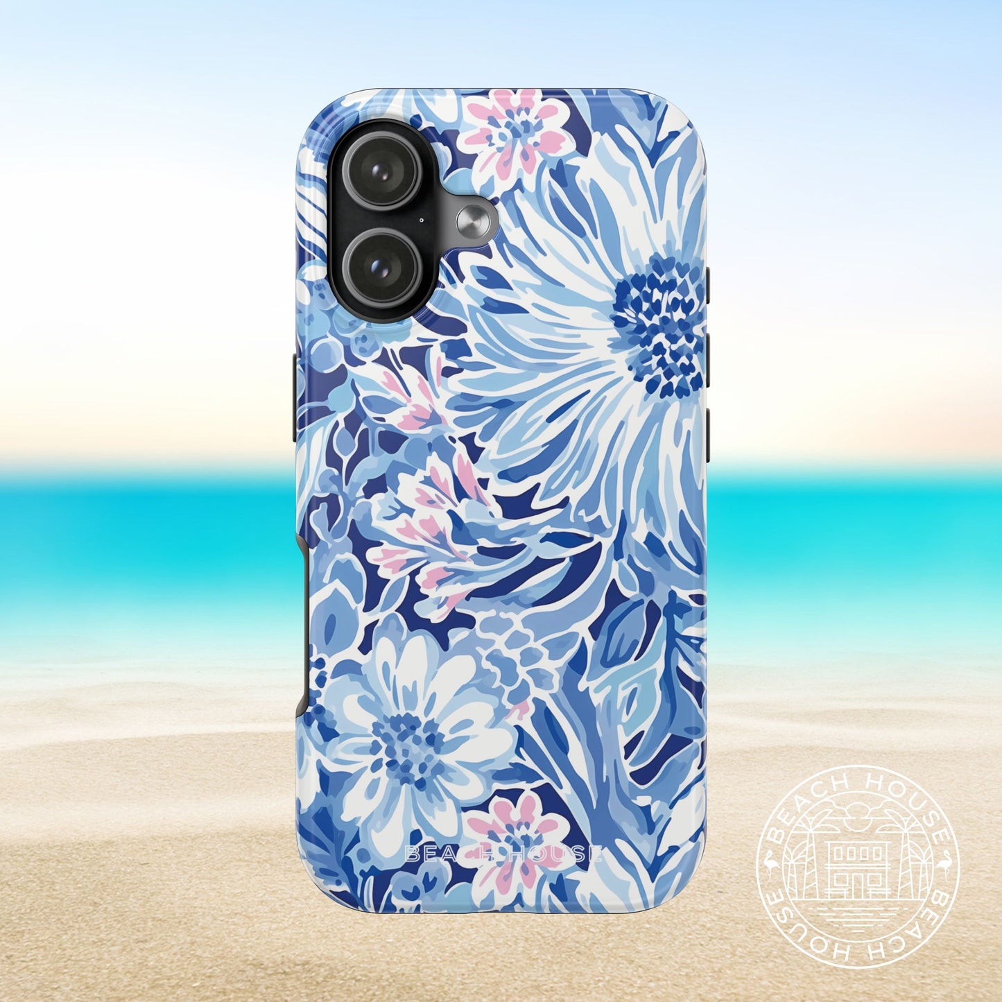 Huntington Tough Case for iPhone 17 with blue and pink flowers on a beach background