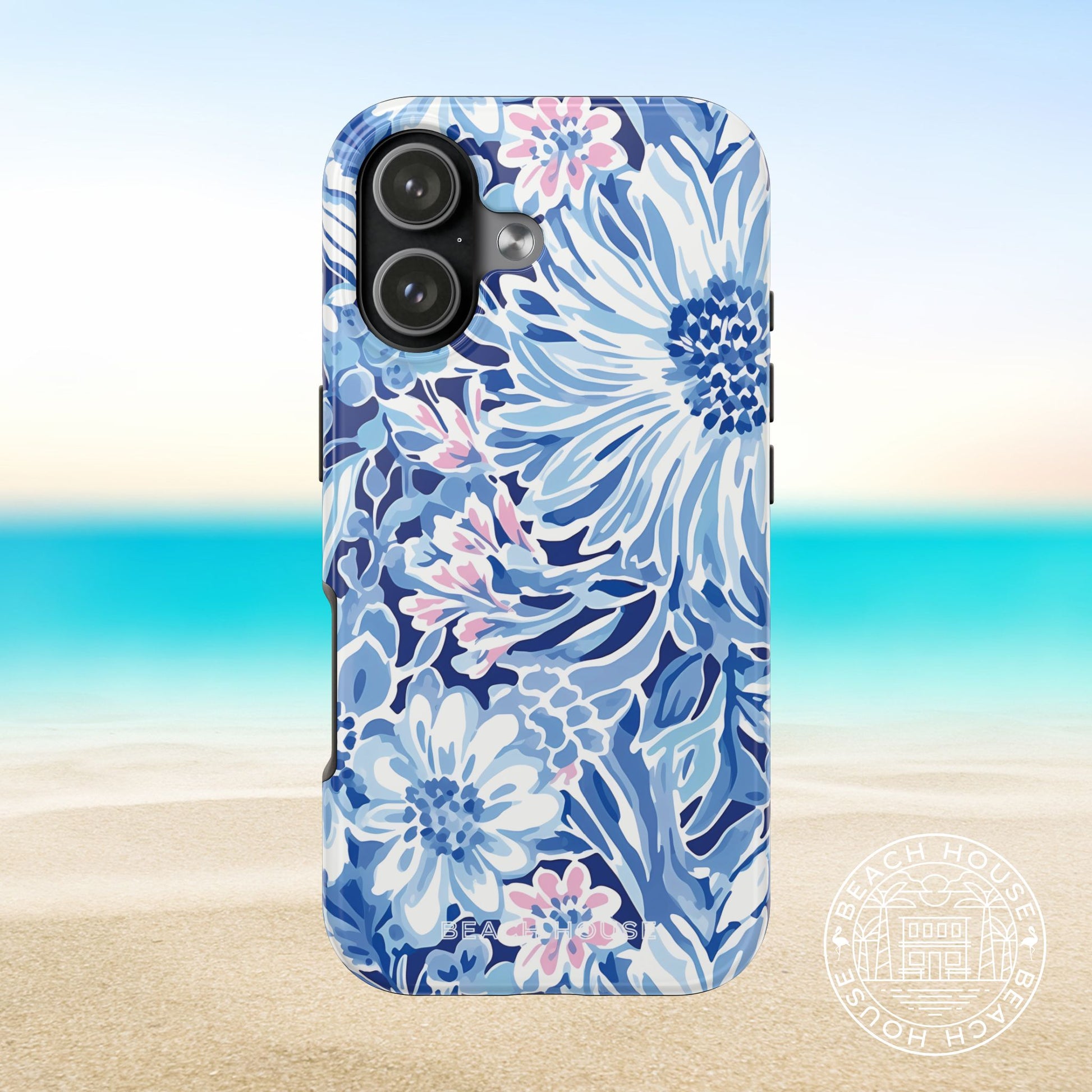 Huntington Tough Case for iPhone 17 with blue and pink flowers on a beach background