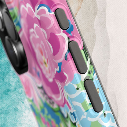 Phone case with colorful floral design on a textured surface