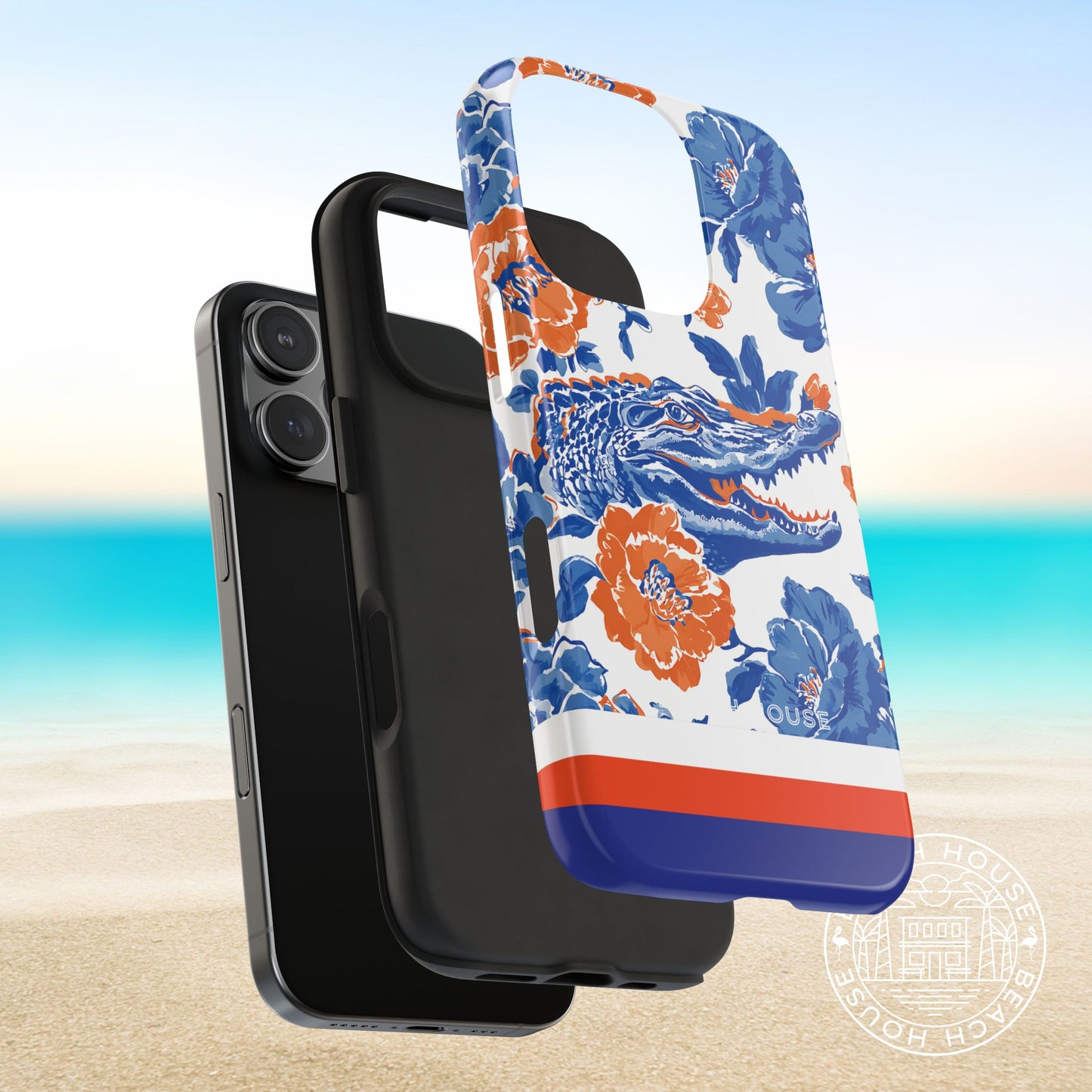 Gainesville Tough Case for iPhone with orange and blue floral and gator design on a beach background