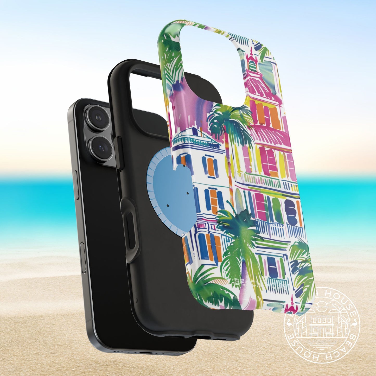 View of MagSafe shock absorbent layer and outer shell of the coastsal George Town MagSafe Tough Case for iPhone, on a beach background