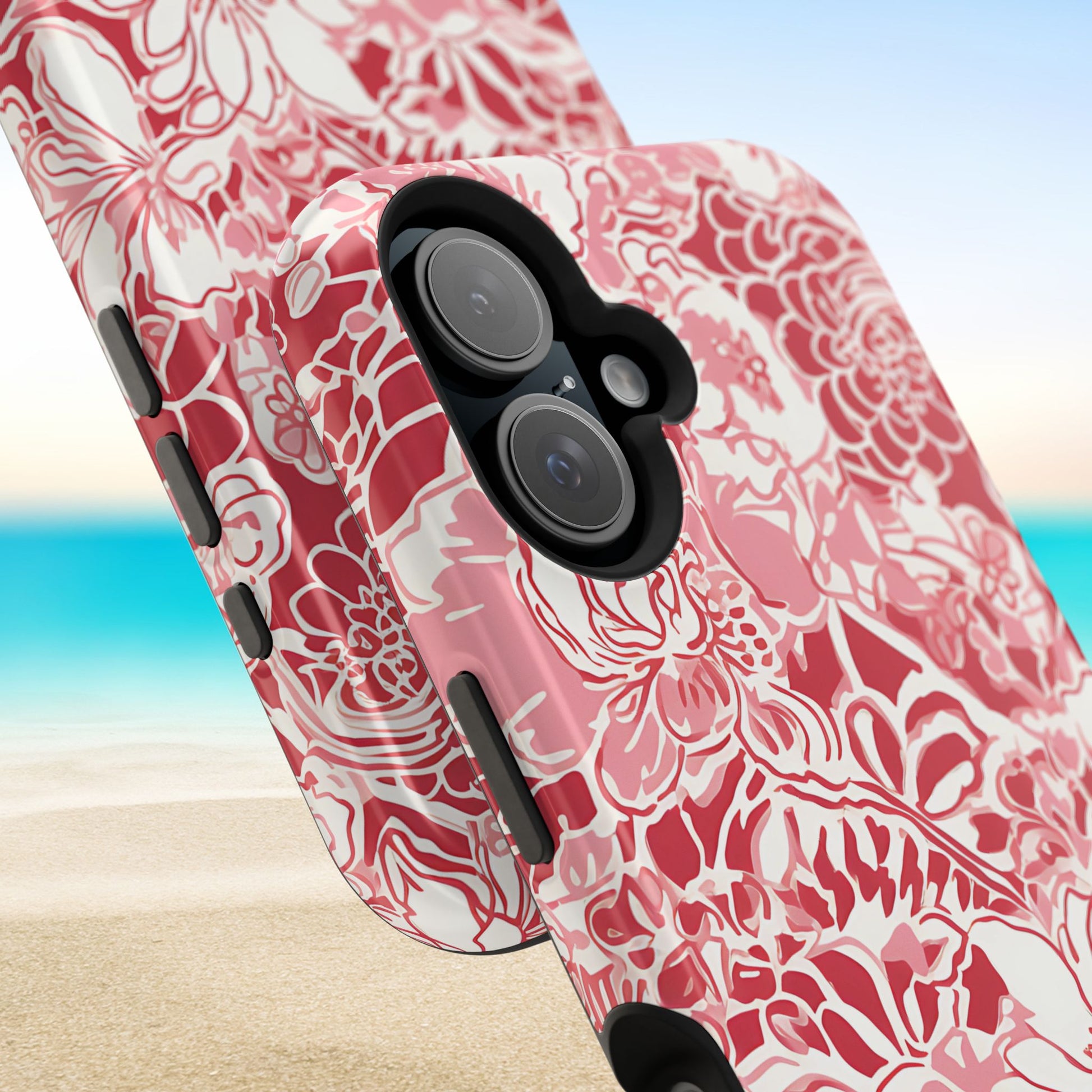 Norman Magsafe Phone case with red and white flower pattern on a beach background