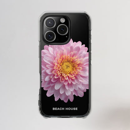 Phone case with a pink flower design and 'Beach House' branding on a light gray background