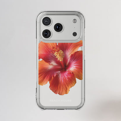 Phone case with a red flower design on a light gray background