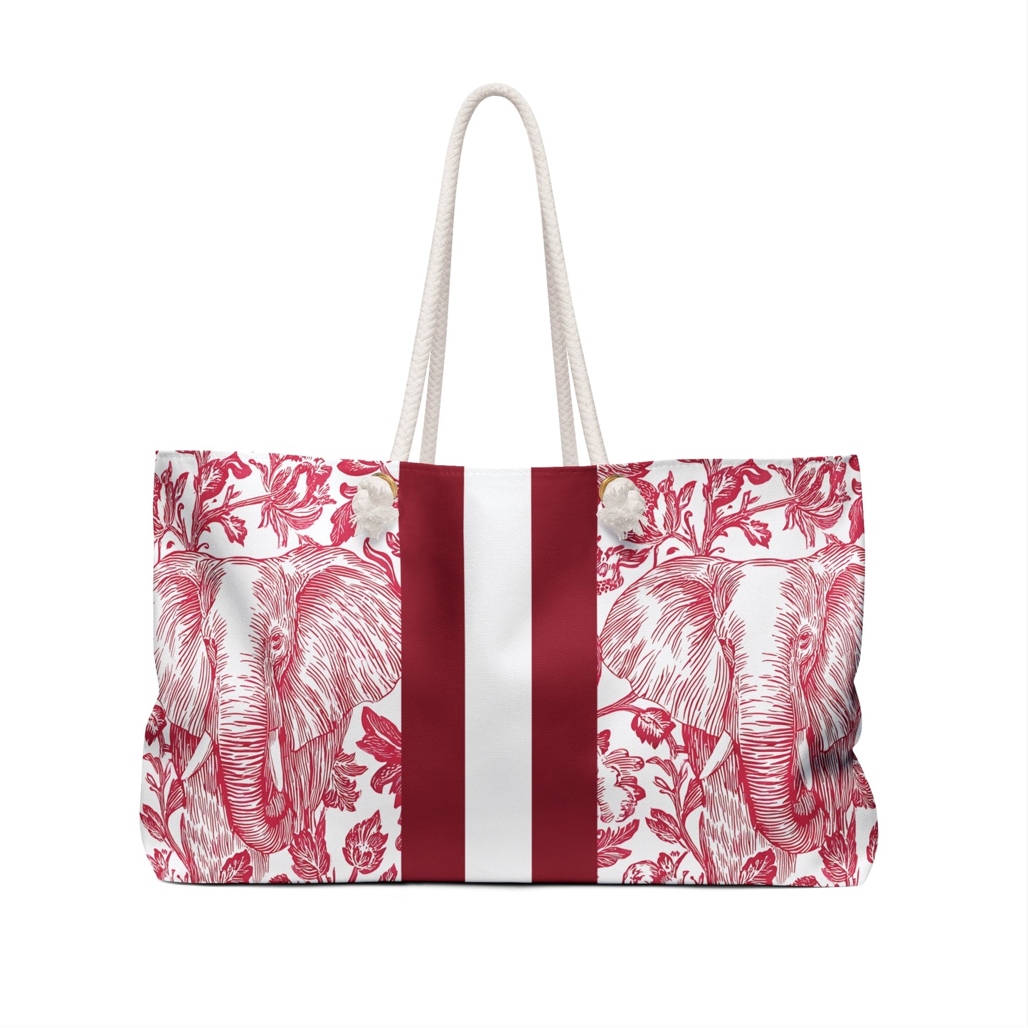Back view of the Tuscaloosa Weekender Tote Bag with red and white elephant pattern on a white background