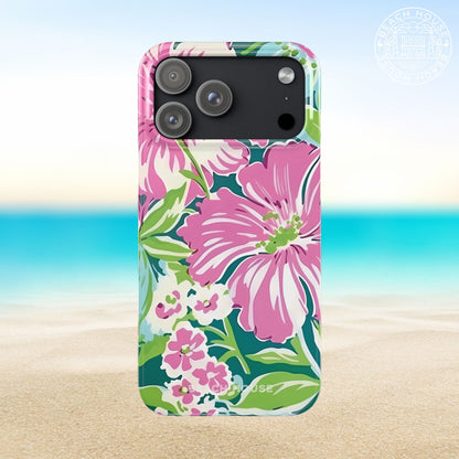 Seaside Slim Case for iPhone 17 Pro Max with pink floral design on a beach background