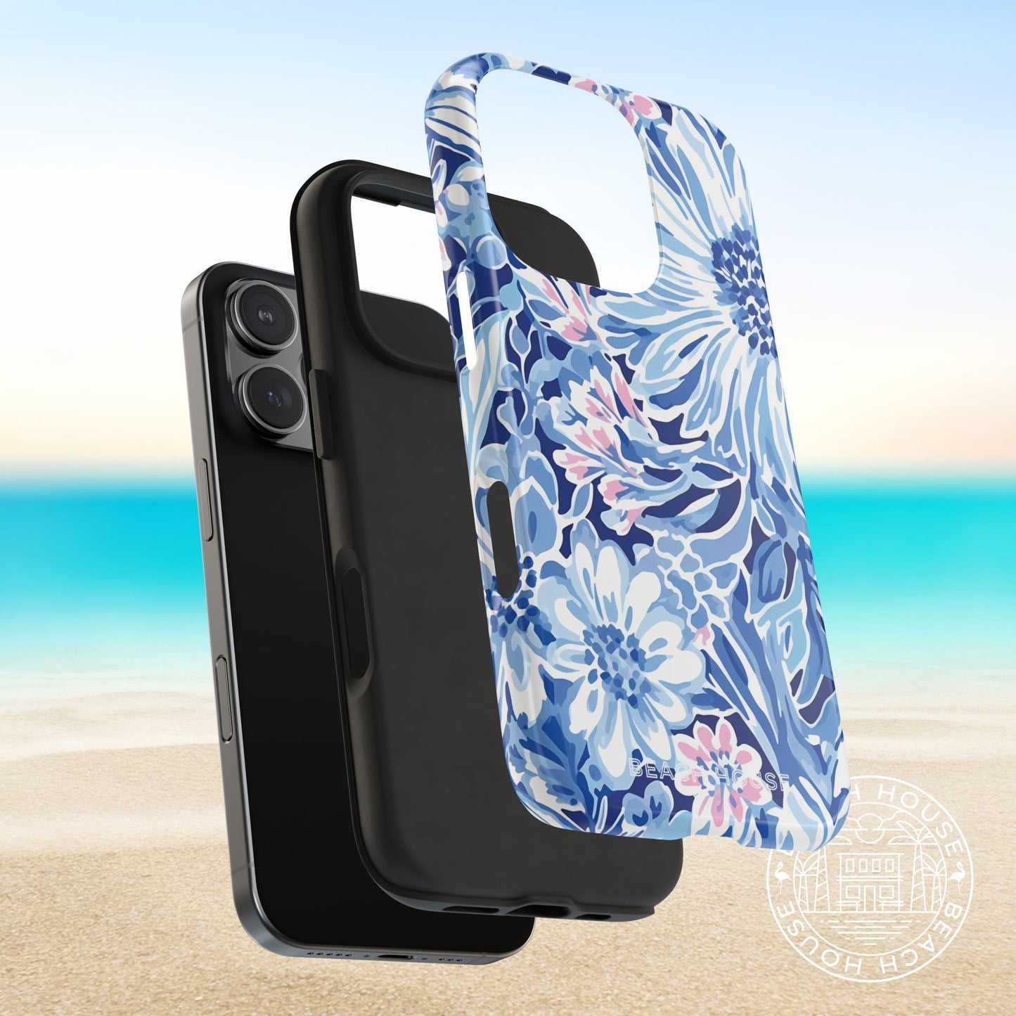 View of protective layers for the Huntington Tough Case for iPhone, on a beach background
