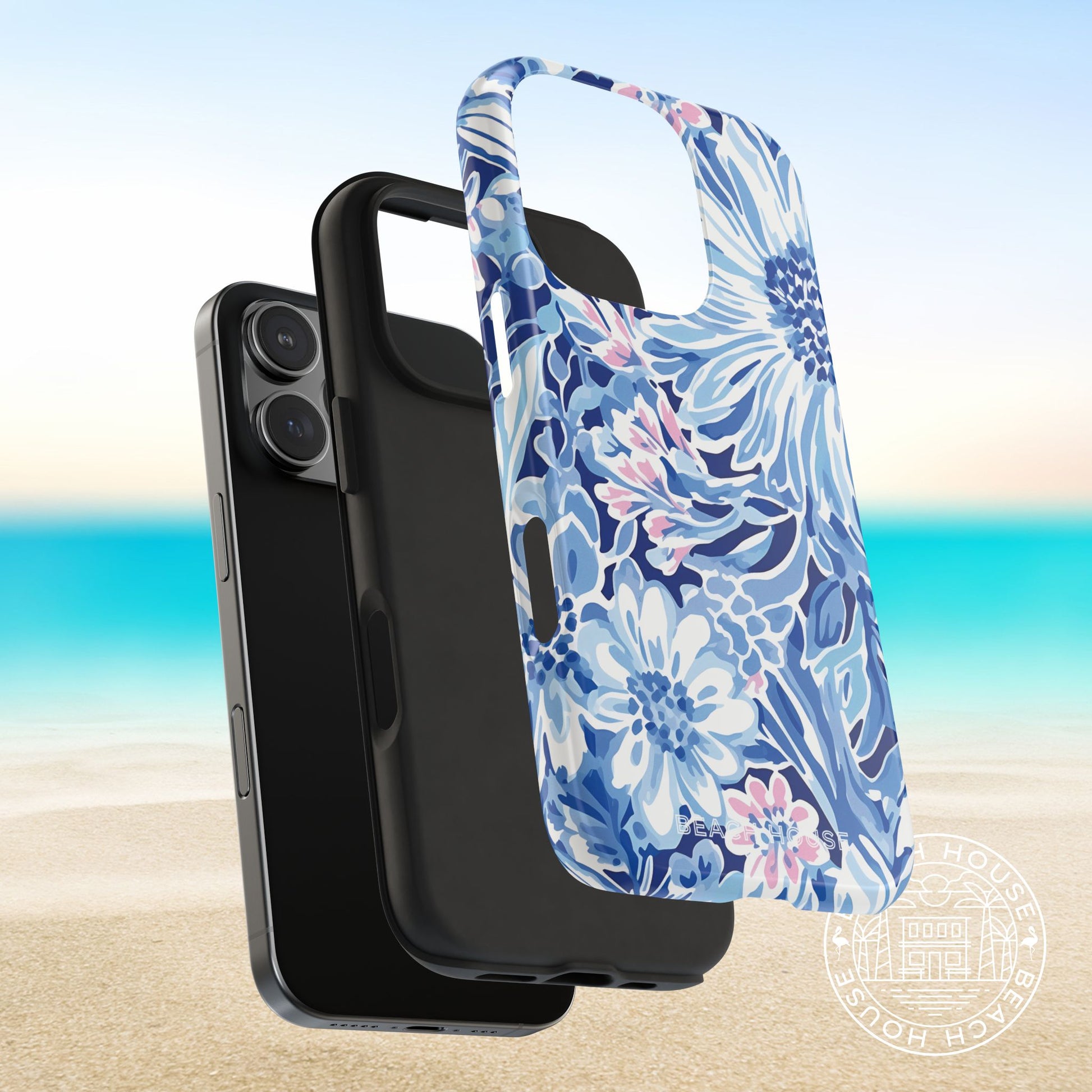 View of protective layers for the Huntington Tough Case for iPhone, on a beach background