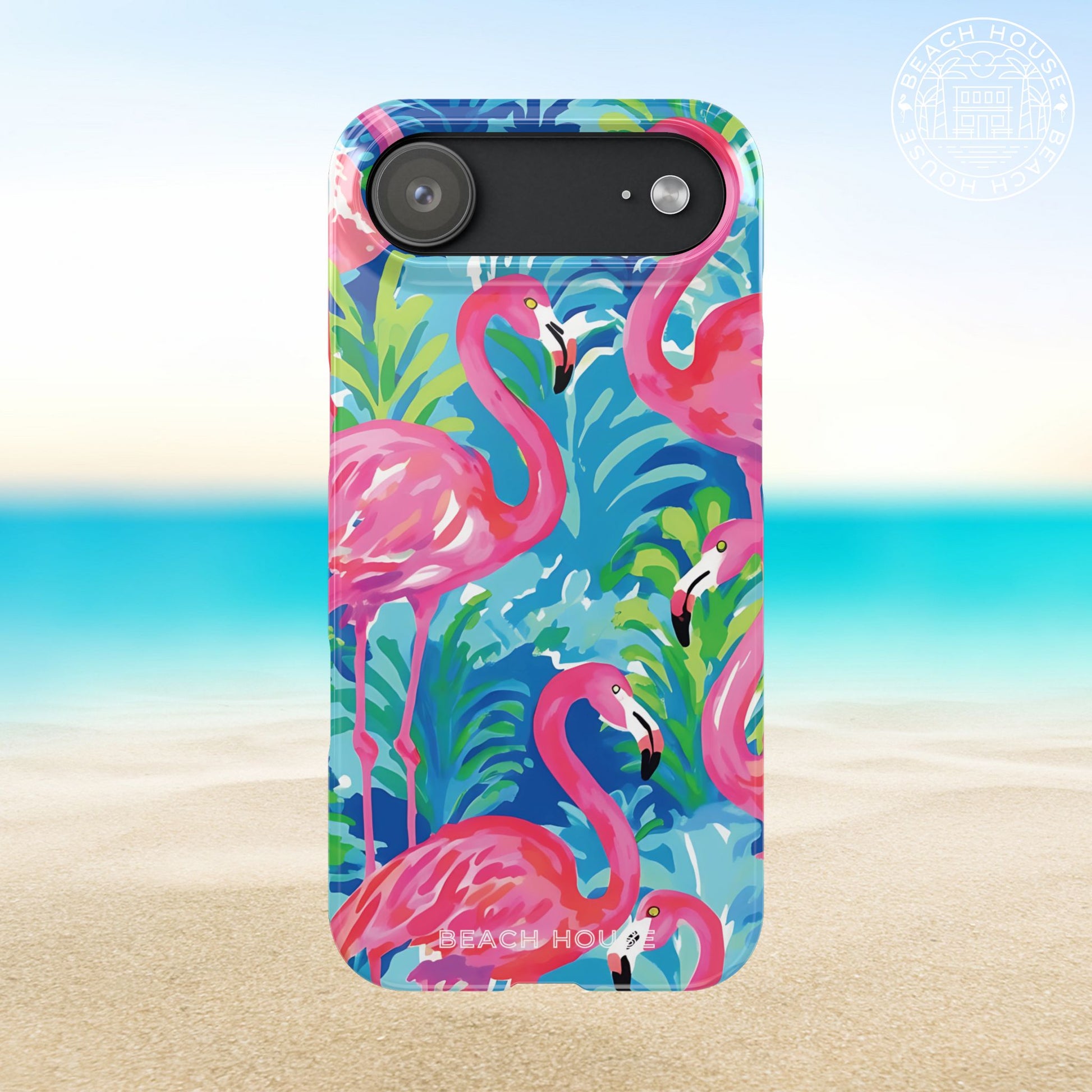 Key Largo Slim Case for iPhone 17 Air with flamingo design on a beach background
