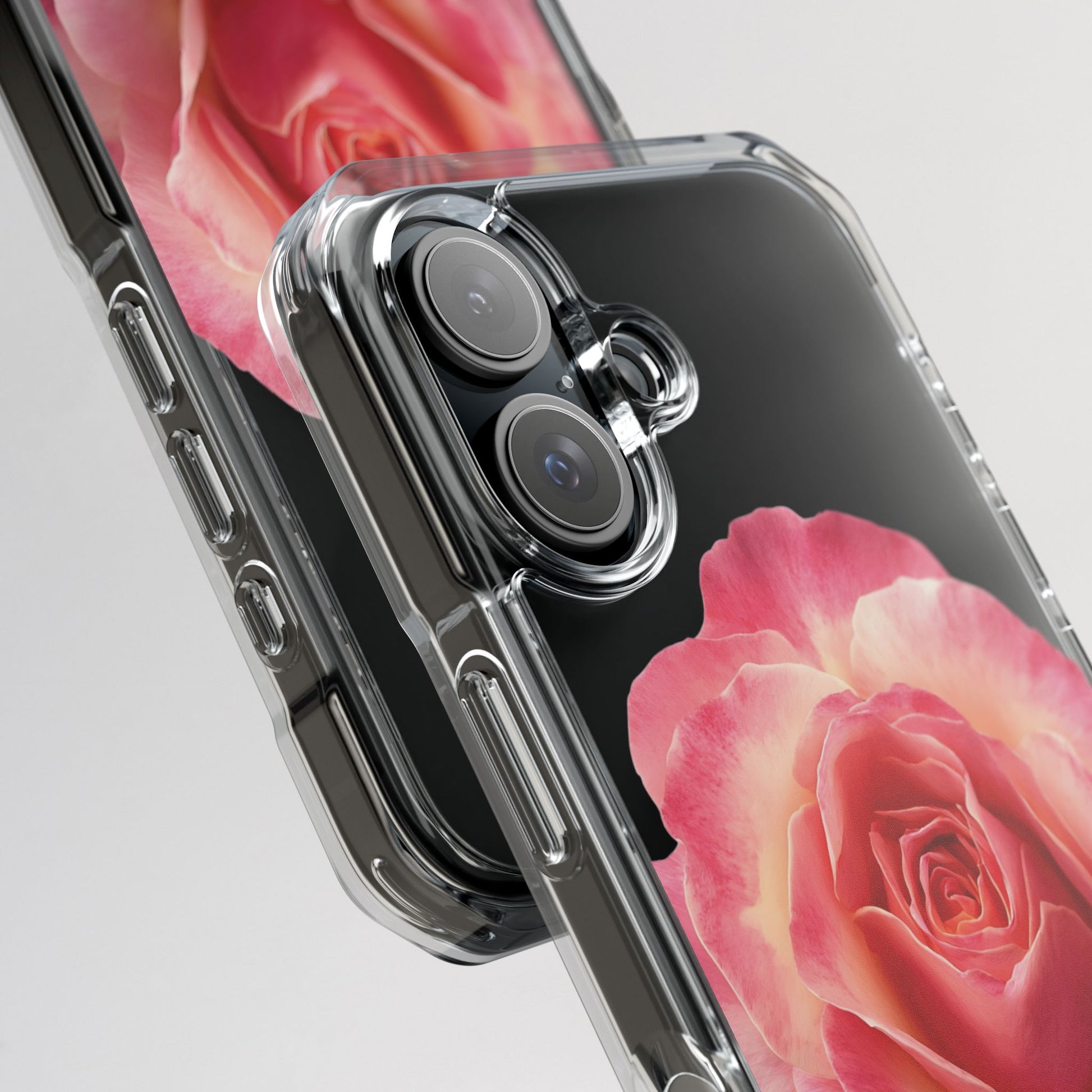 Phone case with pink rose design on a clear background