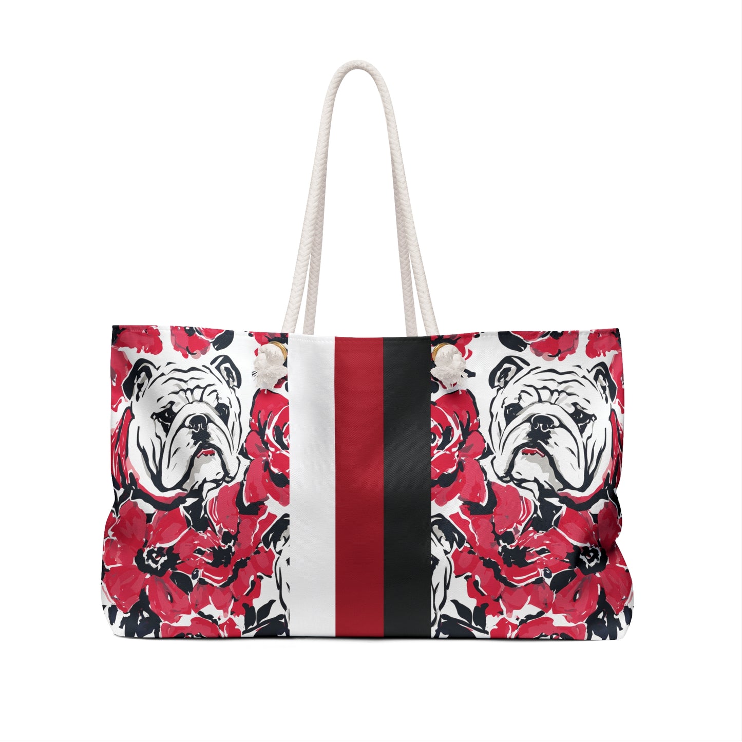 Back view of the Athens Weekender Tote Bag with bulldog and floral design on a white background
