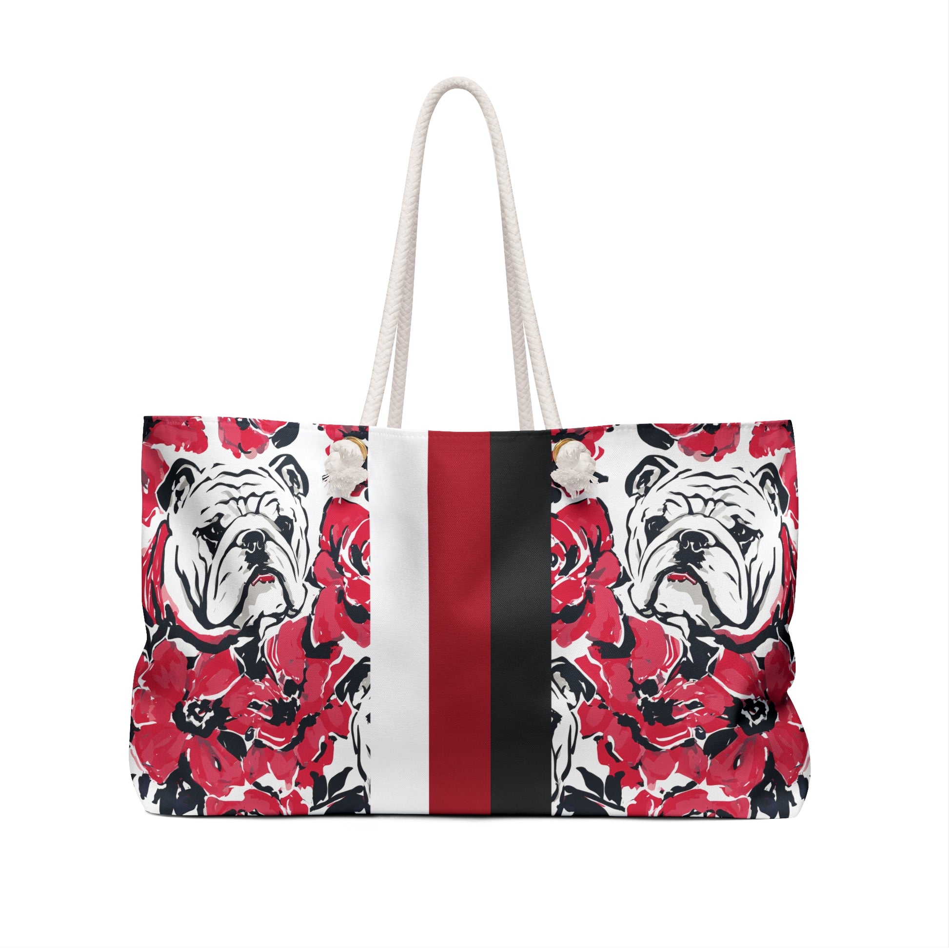 Back view of the Athens Weekender Tote Bag with bulldog and floral design on a white background