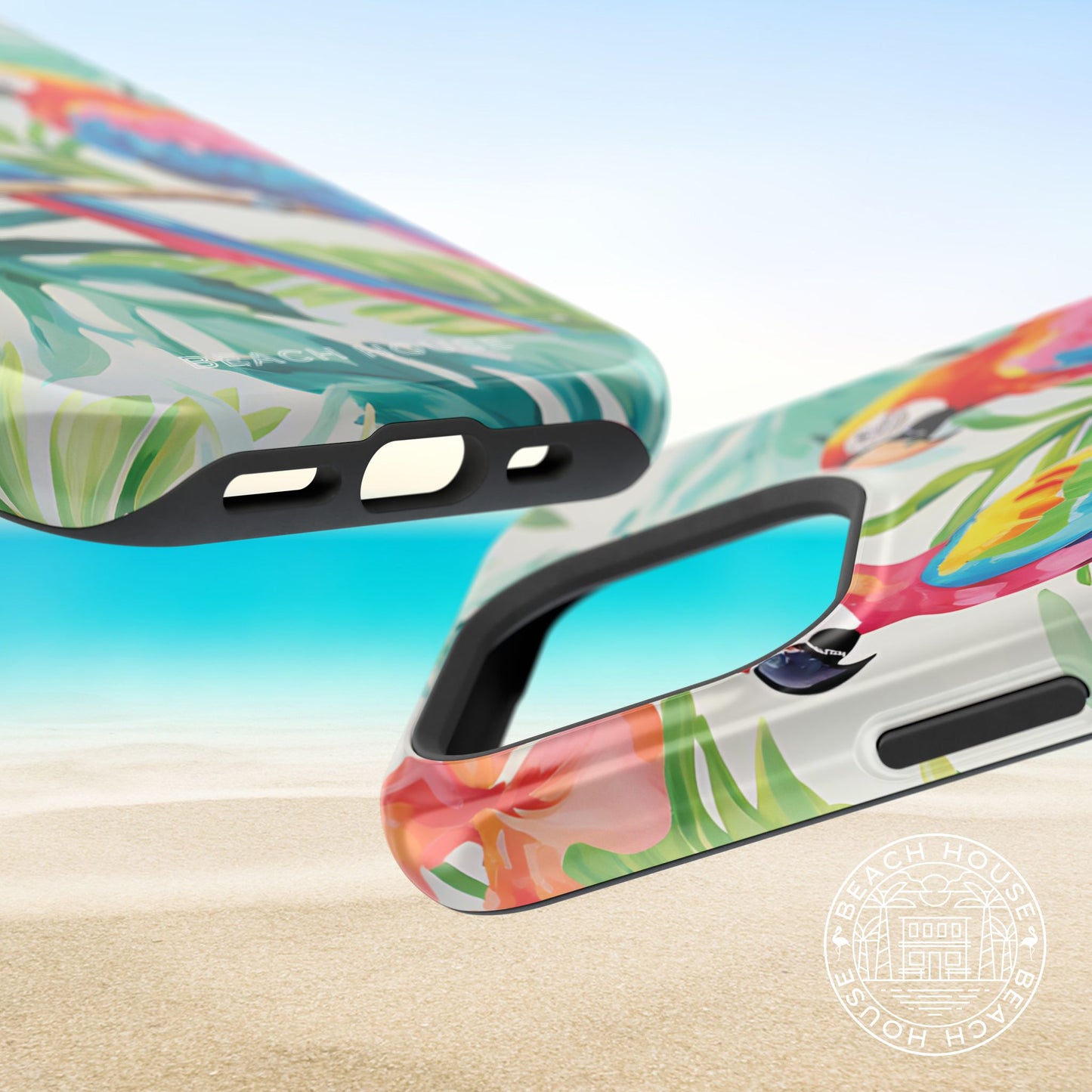 Close up views of the Copacabana MagSafe Tough Case for iPhone with tropical design on a beach background