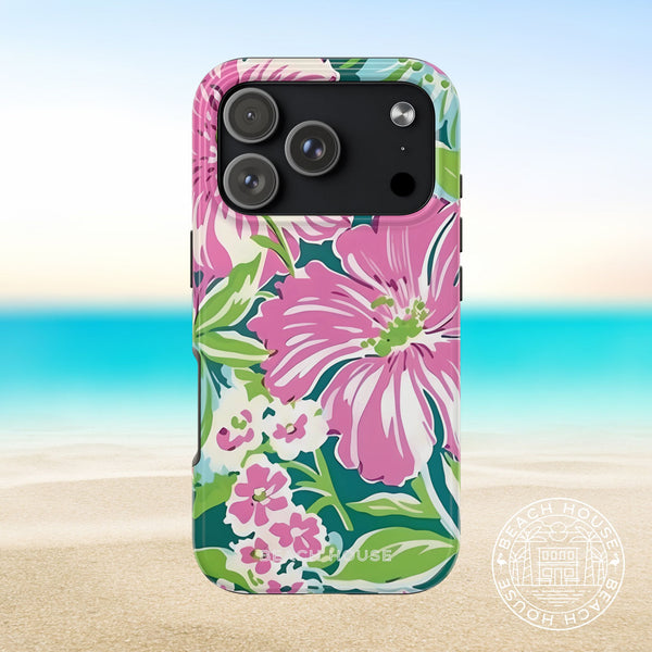 Floral Seaside Tough Case for iPhone 17 Pro with pink and green flowers on a beach background