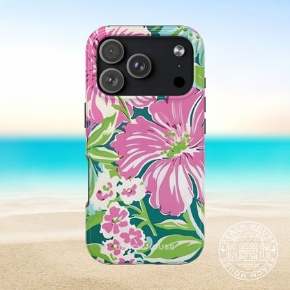 Floral Seaside Tough Case for iPhone 17 Pro with pink and green flowers on a beach background