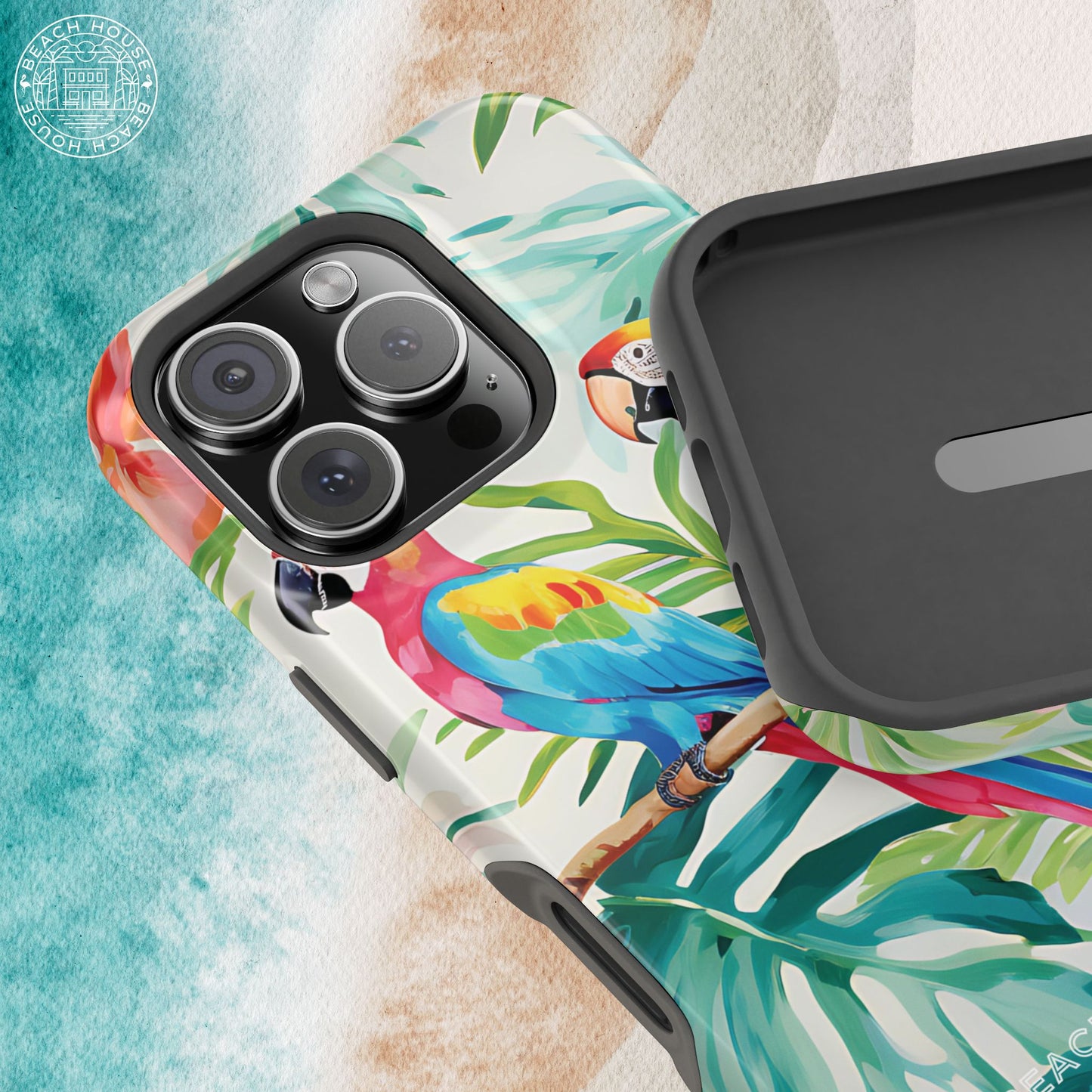 Copacabana MagSafe Tough Case for iPhone with parrot and leaf design on a colorful background