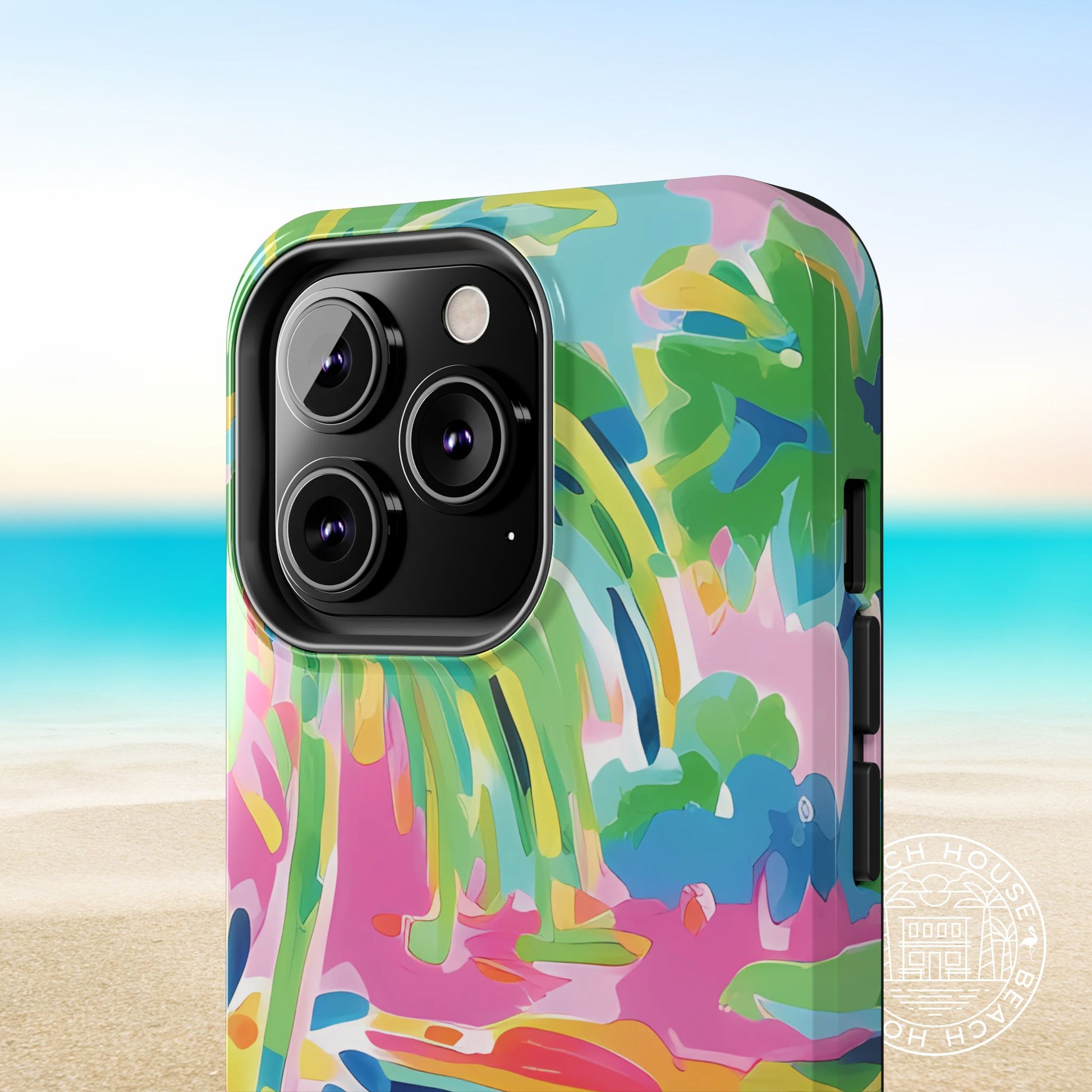 Close up detail of Delray Tough Case for iPhone design with a beach background
