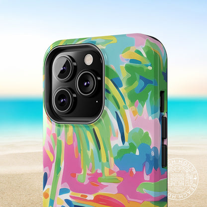 Close up detail of Delray Tough Case for iPhone design with a beach background