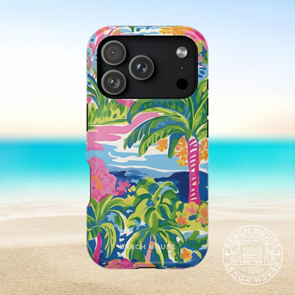 Colorful tropical Kiawah MagSafe Tough Case for iPhone 17 Pro with palm trees and flowers on a beach background