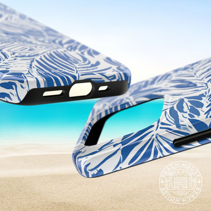 Top and bottom views of the Hampton Tough Case for iPhone on a beach background